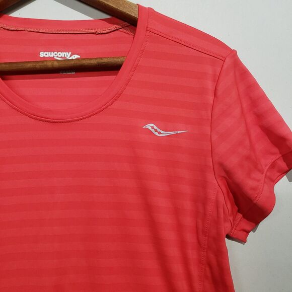 Saucony Womens RunDry Bright Pink Coral Striped Running Shirt Reflective M - Picture 3 of 9